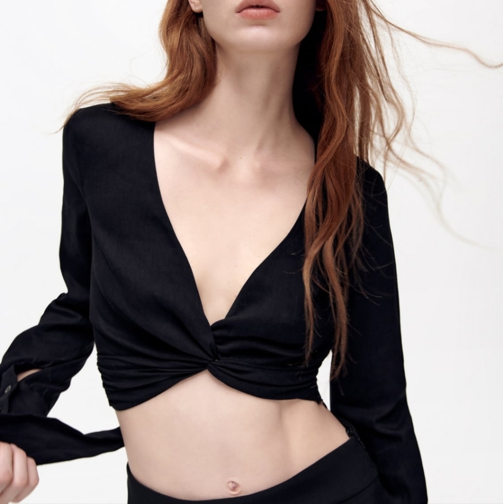 Zara linen blend knotted top